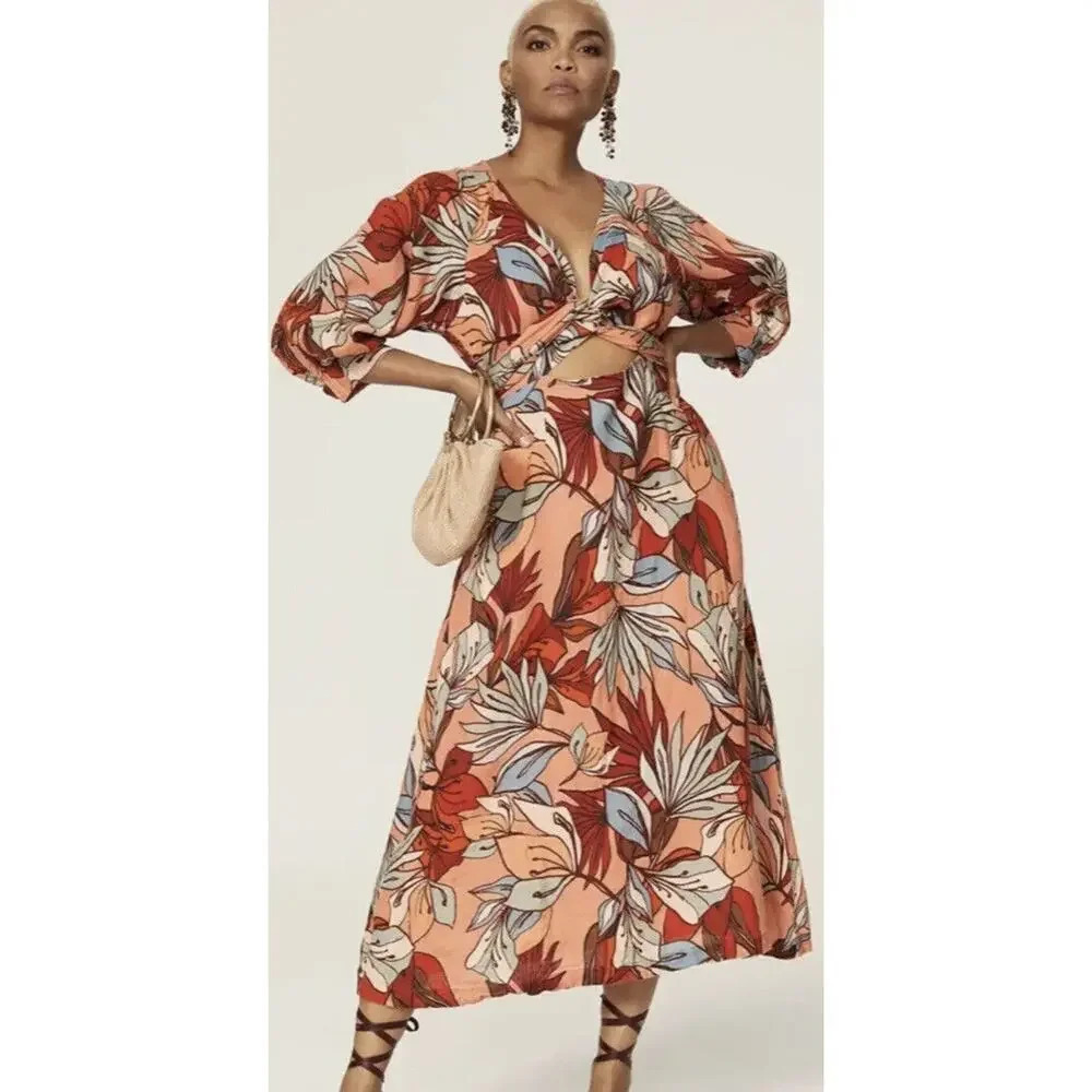 Nicholas Asilah Dress floral tropical cut out linen 3/4 sleeve midi size 0